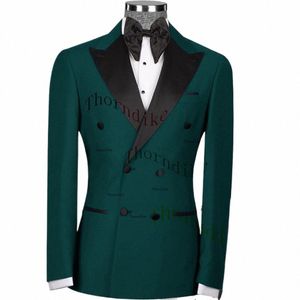 thorndike Elegant Men's Suit Dark Green Double Breasted Peak Lapel Elegant Full Set Costume Homme Wedding Blazer 2 Piece Jacket X5ih#