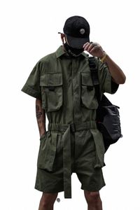 Houzhou Techwear بذلة قصيرة للرجال السوداء السوداء وزرة الرجال الأخضر الذكور اليابانية الجيوب الجيوب الصيف الهيب هوب B8VC#