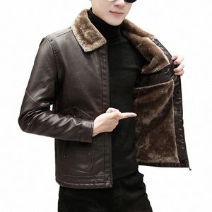 Mens Tjock Fleece Pu Leather Jackets Male Casual Fi Slim Windbreak Coats Men Faux Päls Plush Leather Coat Winter Veet Warm B8XY#