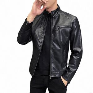 Motorcykelläderjackor Mens Busin Fit Brand Slim Men Casual Biker Zipper Pu Leather Jackets Male New Men's Leather Jacket G1KR#