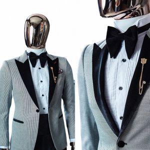 Houndstooth Men's Suits Tailared2ピースブレザーブラックパンツワンバットピークラペルタキシードウェディングフォーマルカスタムメイドプラスサイズM372＃