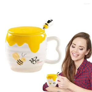 Kupalar Kapak ve kaşıkla yaratıcı seramik kupa sevimli arı bal kahve fincanı içme çayı