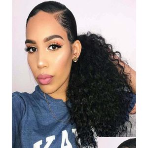 ذيل الحصان 8A Afro Kinky Curl Ponytail Extensions Human Hair Extensions Natural Black remy Clip في 120gram أكثر 5 ألوان Dstring Drop Prod DHHR6