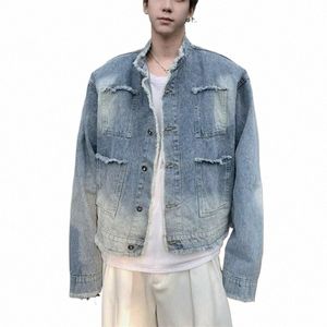 men's Casual Denim Jacket Streetwear Ripped Stand Collar Korean Outwear Women Harajuku Retro W Cropped Loose Jeans Coat New Q21T#