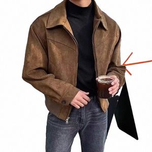 brown Suede Vintage Jacket Men Spring Autumn High-End Solid Loose Lapel Zipper Short Jackets Vintage Streetwear Bomber Outwear W6T4#