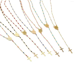 Catene 1 PC Collana a catena portacavi a maglie religiose in acciaio inossidabile Collana color oro Croce Vergine Maria Pendente smaltato 49 cm di lunghezza