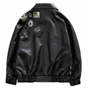 mens Leather Bomber Jacket Women Hip Hop Badge Taped Motorcycle Loose Casual PU Coat Unisex Street Racing Black Outwear 2023 a1sD#
