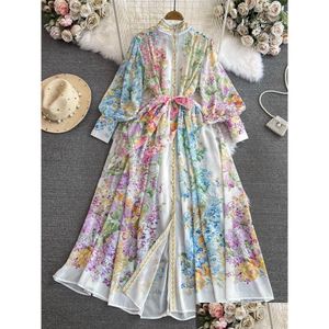기본 캐주얼 드레스 2024 Fashion Bohemain Flower Maxi Dress Womens Stand Long Lantern Sleeve Single Breasted Floral Print Lace Up Otpf8