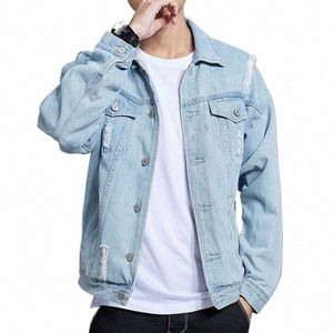 Outono inverno masculino desgastado denim jaqueta casaco casual fi buraco solto rufião ciclo jeans jaquetas u0p3 #