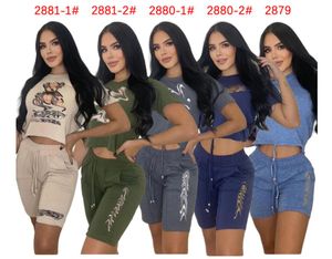 Designer Tracksuits Womens 2024 Verão Nova Moda Carta Impressa Lace Up Lantejoulas Crop Top T-shirt Cintura Elástica Shorts Set Two Piece Terno