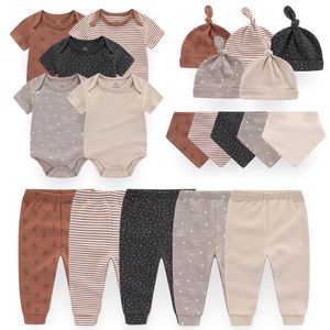 Unisex Cotton Born Baby Girl Clothes Sets BodysuitsPantsHatsGloves/Bibs Baby Boy Clothes Solid Color Cartoon Bebes 240323