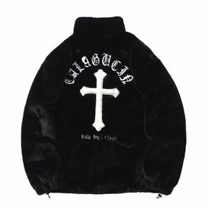 men Rabbit Fur Jacket Coats Hip Hop Cross Letters Winter Fleece Jacket Streetwear Casual Harajuku Coat Zip Up Fi Outerwear y8sl#