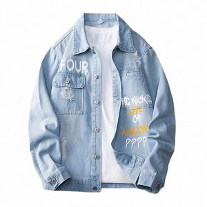 stylish Letter Print Men Denim Jacket Streetwear Ripped Jean Jackets Lapel Single Breasted Denim Cargo Coats Tops Cowboy Wear S3rL#