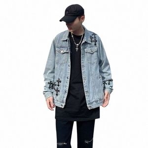 Europäische und amerikanische High Street Denim Mantel Männer Hip-Hop Straße Hiphop Lose Gestickte Denim Jacke X51v #