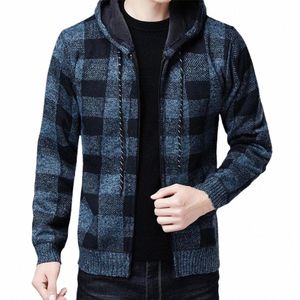 winter 2023 New Men's Fleece Thickened Cardigan Knit Sweater / Male Loose Warm Hooded Add Wool Jacket Coat S6pf#