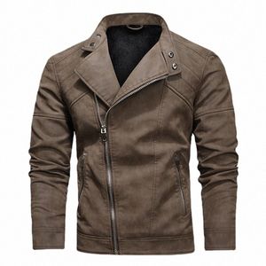 Herren Motorrad Lederjacke Fleece FI Stehkragen Slim Fit Reißverschluss Trends Mantel Herbst Winter Warme Kunstleder Outwear g5yt #