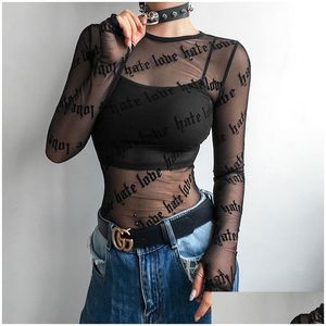 Women'S T-Shirt Women T-Shirts Lace See-Through Long Sleeve Top Tees Y Ladies Sheer O-Neck Tops Black Letter Printing Transparent Pers Dhqeb