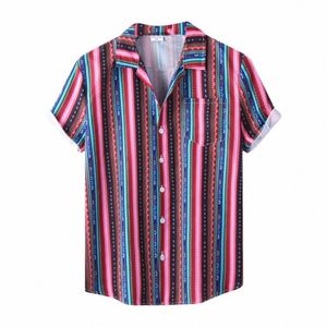 Летняя блузка Мужские рубашки с короткими рукавами Полосатая блузка с принтом отложной воротник Кардиган для мужчин Дышащие повседневные рубашки v6vG #