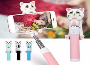 Mini Selfie Sticks Monopiede Cablato Allungabile Simpatico Cartone Animato Gatto Selfie Per Smartphone Selfpole Portatile Universale Per Ios Android1403991