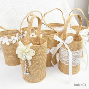 Storage Baskets Wedding Lace Burlap Flower Basket Linen Handle Vintage Country Wedding Table Decoration Baby Shower Party Candy Gift Bag