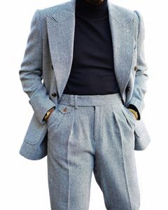 jacket+pants Autumn Causual Male Suit Grey Herringb Slim Fit Warm Tuxued Groom Wediing Fi Men's Jacket Coat Custom Made q0La#