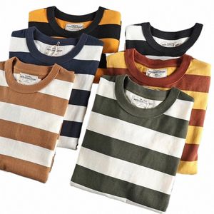 jesień japońska retro ciężka waga 280G-LG-SLEEVED O-Neck Striped T-shirt Męskie Męskie Cott Pure Cott Wed Loose Casual Tops F4W6#