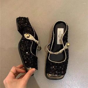 Платье 843 обувь мулы Bling Women Slippers Designer Square Toe Mid Heels Slingback Sandals Spring Mary Jane Pumps Mujer Zapatillas 95415
