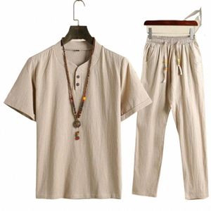 Summer Fi Men-skjortor Byxor Set Cott and Linen Shirts Kort ärm Mäns avslappnade toppbyxor Mänutrustning M-4XL 15IY#