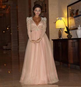 Myriam Fares Long Sleeve Celebrity Dresses A Line Deep V Neck with Beaded Top Padded Shoulder and Tulle Skirt3282022