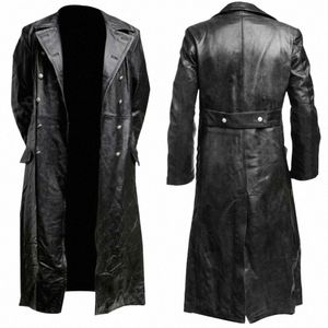 2023 Mäns tyska klassiker WW2 Militär Uniform Officer Black Real Leather Trench Coat K63e#