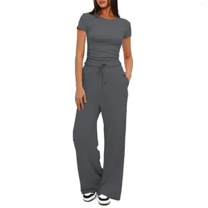 Women's Two Piece Pants Women 2 Outfits Sets Summer Short Sleeve Ruched Slim Fit Tops And Wide Leg Set Solid Tracksuit Matching