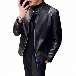 new Men Leather Jacket Classic Slim Fit Motorcycle PU Leather Jacket Solid Color Standing Collar Men Large Black Leather Jacket l5hF#