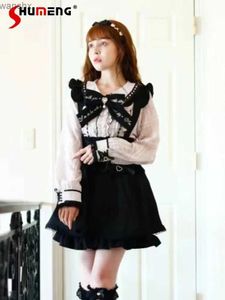 Bluzki damskie Koszulki urocza koszula damska Lolita z Japonii elegancko haftowany łuk marynarz top słodki serce koronkowe koszulki z długim rękawem 240328