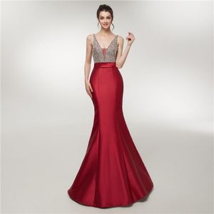 restidos satin long prom dresses 우아한 2019 인어 구슬로드 크리스탈 탑 등이없는 공식적인 이브닝 드레스 파티 가운 로브 드 SOIREE254S