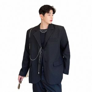 2022 Autumn Korean style Unique metal chain design suit men casual loose solid color suit for men M-XXL Y02h#