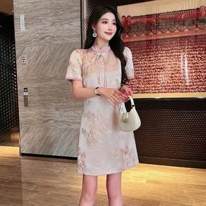 2024 Summer New Chinese style Dresses Short Sleeve Stand Neck Embroidery Vintage Above Knee Dress Elegant Casual Dresses