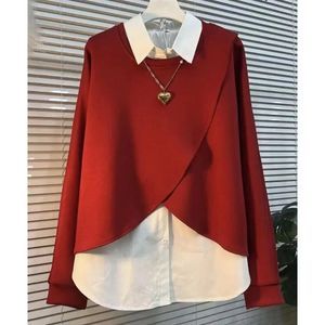 Moda coreano poloneck emendado sweatshirts para feminino primavera casual manga longa falso duas peças topos roupas z745 240312