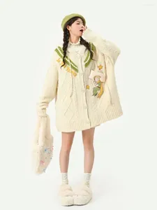 Kadın Örgüleri Vintage Twist v Boyun Patchwork Nakış Örtüsü Hırka Kadınlar Gevşek Sonbahar/Kış Casual Ceket Top Harajuku Sevimli Giyim