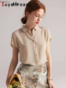 Kvinnors blusar Skjortor Suyadream Womens Solid Shirt 100% Mulberry Silk Short Seped Single Chest Chic Top 2023 Spring/Summer Office Womens Topl240328