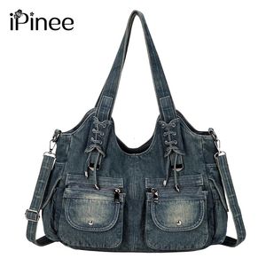 Ipinee kadın denim çantası y2k vintage mavi jean cüzdan ve çanta crossbody omuz cüzdan büyük kapasite 240322
