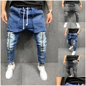 Mäns jeans män passar blixtlås design high street män dog denim joggers byxor tvättade penna droppleveranskläder kläder dhskz