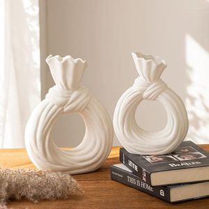 Vasen Hipster Einzigartige Schleife für Mittelblumen von Tischen Elegante Bauernhaus-Retro-Weißkreis-runde Donut-Keramikvase