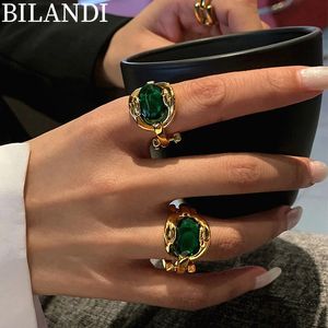 Bilandi Trendy Jewelry Geometric Ring Trend Exaggerated Green High Quality Shiny Crystal For Women Gifts 240307