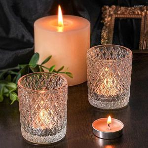 Candle Holders Transparent Candlestick Rhombus Dot European Glass Carving Pattern French Ornament Holder Cup Tealight Tea