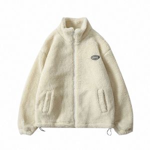 Hip Hop Winter polar Fluffy Jacket Streetwear Harajuku Fuzzy Zipper Płaszcz Mężczyzn Men Solid Kolor Lekkie kurtki Czarne beżowe f68l#