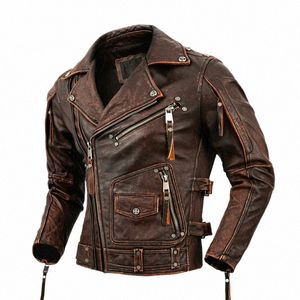 Mäns naturliga lädermotorcykeljacka Top Layer Cowhide Biker Jacket Retro Moto Suit Ste Milled Large Size Leather Jacket M6DC#