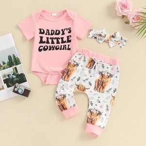 Kleidung Sets Baby Girls Summer Outfit Kleinkindkind Kurzarm Buchstaben Drucken Strampler mit Kuhfleckenhosen und Stirnband