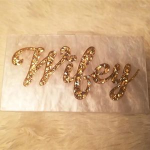 Shoulder Bags Customized Letter Name Wife Pearl White With Gold Glitter Acrylic Handbags Lady Party Travel Evening Acylic Box Clutches Purse