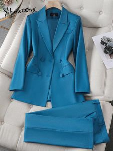 Yitimuceng Formal Blazer Suit for Women Double Breasted Notched Office Wear High Waisted Skirts Slim Pants 2 Piece Sets 240327