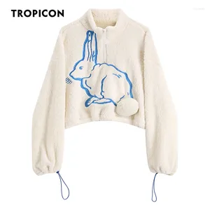 Damen-Kapuzenpullover, TROPICON, abgeschnittenes Sweatshirt, Damen-Kapuzenpullover mit weißem Tiermotiv, Fell-Kapuzenpullover, lockerer Reißverschluss-Hals, flauschiges Winter-Herbst-Crop-Top